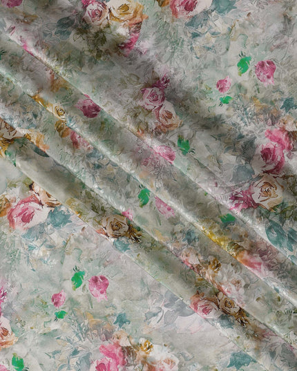 Sage Green Indian Viscose Modal Satin Fabric, Pastel Floral Print, 110 cm Width-D20931