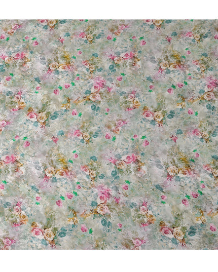 Sage Green Indian Viscose Modal Satin Fabric, Pastel Floral Print, 110 cm Width-D20931