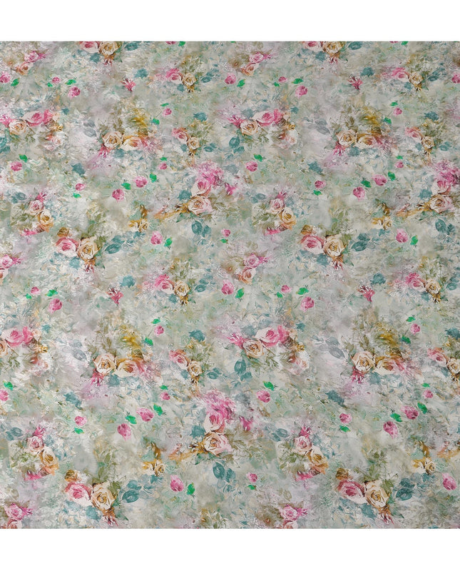 Sage Green Indian Viscose Modal Satin Fabric, Pastel Floral Print, 110 cm Width-D20931