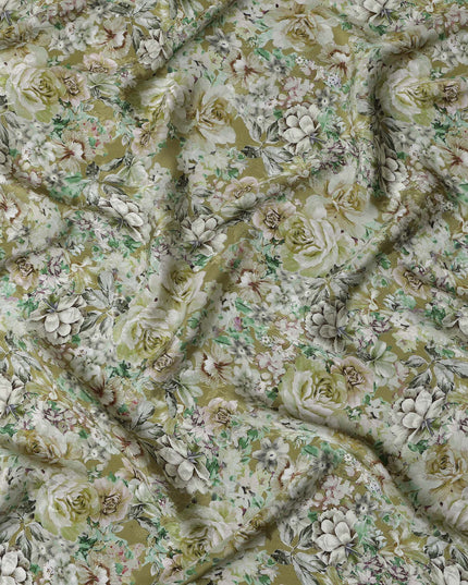 Olive Green Indian Viscose Modal Satin Fabric, Vintage Floral Print, 110 cm Width-D20932