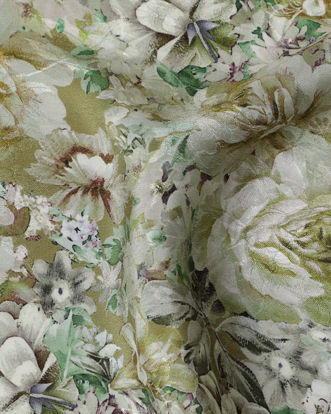 Olive Green Indian Viscose Modal Satin Fabric, Vintage Floral Print, 110 cm Width-D20932