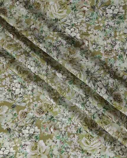 Olive Green Indian Viscose Modal Satin Fabric, Vintage Floral Print, 110 cm Width-D20932