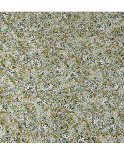 Olive Green Indian Viscose Modal Satin Fabric, Vintage Floral Print, 110 cm Width-D20932