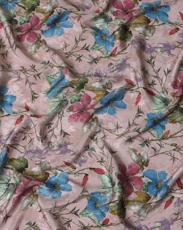 Blush Pink Indian Viscose Modal Satin Fabric, Multicolor Floral Print, 110 cm Width-D20933