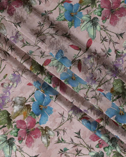 Blush Pink Indian Viscose Modal Satin Fabric, Multicolor Floral Print, 110 cm Width-D20933