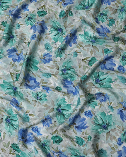 Light Blue Indian Viscose Modal Satin Fabric, Green & Blue Floral Print, 110 cm Width-D20934