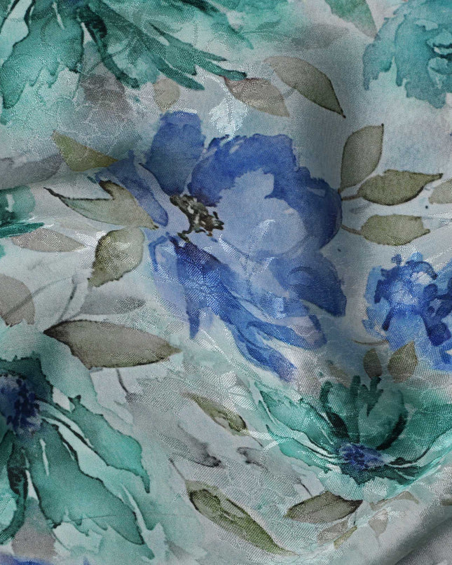 Light Blue Indian Viscose Modal Satin Fabric, Green & Blue Floral Print, 110 cm Width-D20934