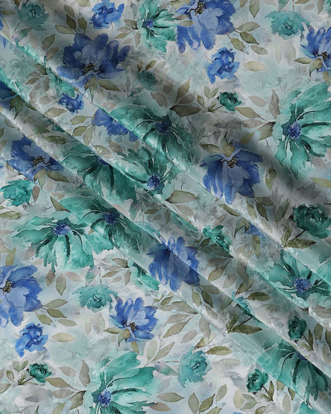 Light Blue Indian Viscose Modal Satin Fabric, Green & Blue Floral Print, 110 cm Width-D20934