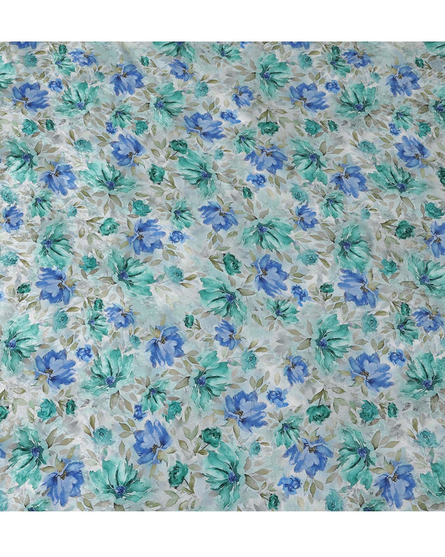 Light Blue Indian Viscose Modal Satin Fabric, Green & Blue Floral Print, 110 cm Width-D20934