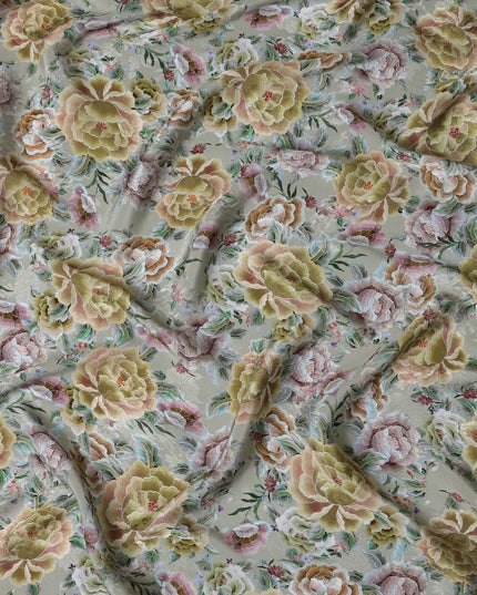 Sage Green Indian Viscose Modal Satin Fabric, Large Floral Print, 110 cm Width-D20935