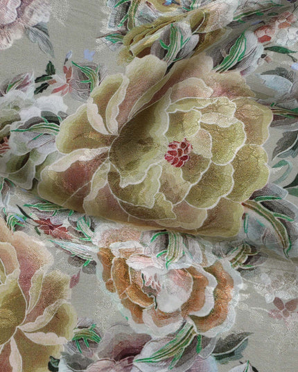 Sage Green Indian Viscose Modal Satin Fabric, Large Floral Print, 110 cm Width-D20935