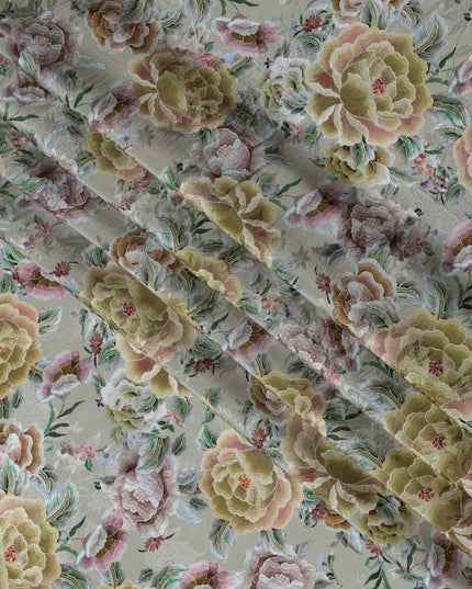 Sage Green Indian Viscose Modal Satin Fabric, Large Floral Print, 110 cm Width-D20935