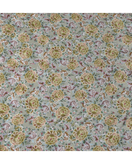 Sage Green Indian Viscose Modal Satin Fabric, Large Floral Print, 110 cm Width-D20935