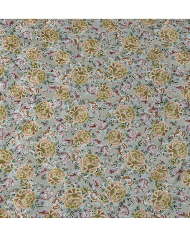 Sage Green Indian Viscose Modal Satin Fabric, Large Floral Print, 110 cm Width-D20935