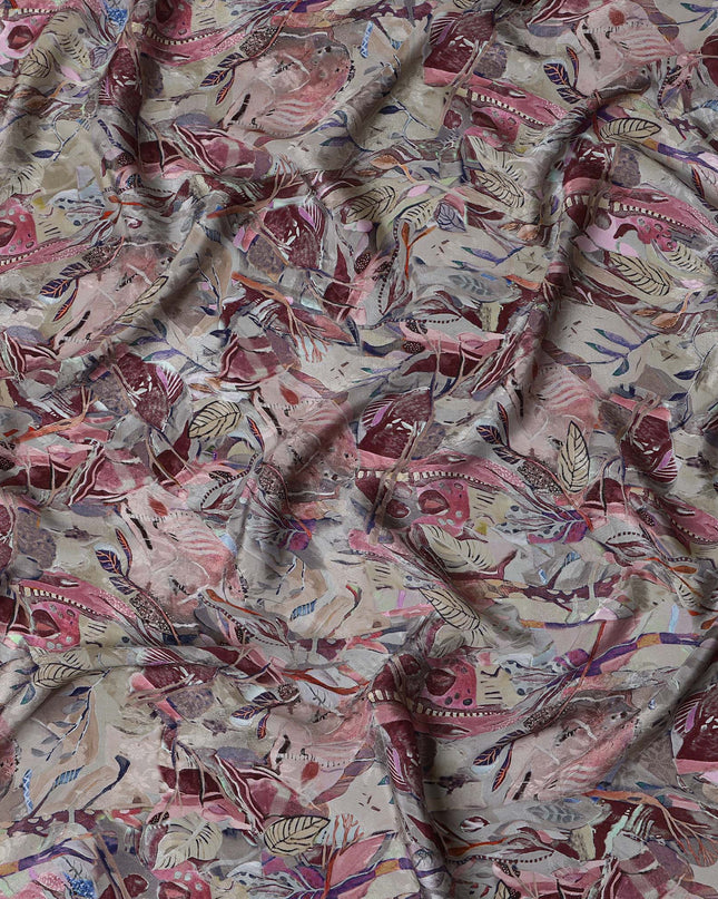 Taupe Indian Viscose Modal Satin Fabric, Abstract Leaf Print, 110 cm Width-D20936