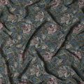 Teal Blue Indian Viscose Modal Satin Fabric, Vintage Floral Print, 110 cm Width-D20937