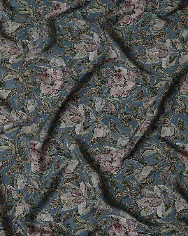 Teal Blue Indian Viscose Modal Satin Fabric, Vintage Floral Print, 110 cm Width-D20937