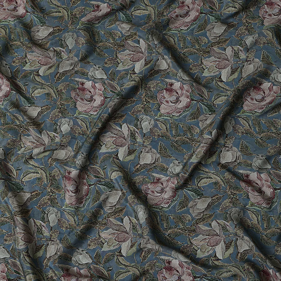 Teal Blue Indian Viscose Modal Satin Fabric, Vintage Floral Print, 110 cm Width-D20937