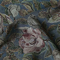 Teal Blue Indian Viscose Modal Satin Fabric, Vintage Floral Print, 110 cm Width-D20937