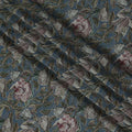 Teal Blue Indian Viscose Modal Satin Fabric, Vintage Floral Print, 110 cm Width-D20937