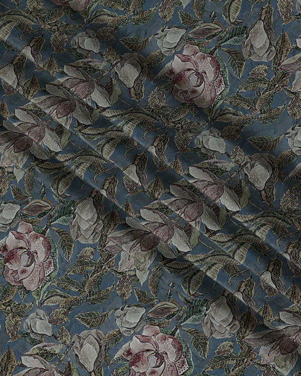 Teal Blue Indian Viscose Modal Satin Fabric, Vintage Floral Print, 110 cm Width-D20937