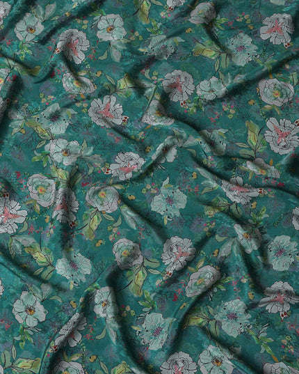 Emerald Green Indian Viscose Modal Satin Fabric, Floral Print, 110 cm Width-D20938