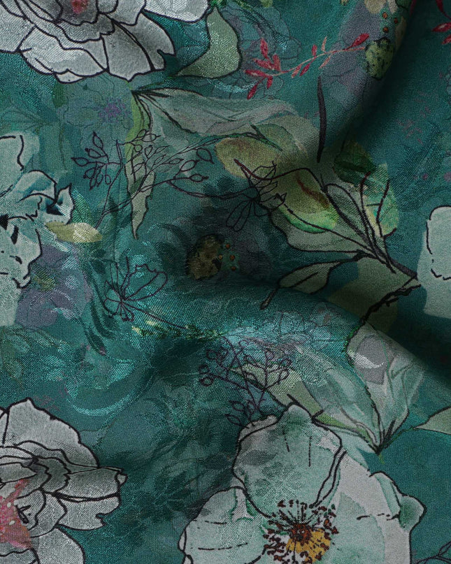 Emerald Green Indian Viscose Modal Satin Fabric, Floral Print, 110 cm Width-D20938