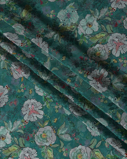 Emerald Green Indian Viscose Modal Satin Fabric, Floral Print, 110 cm Width-D20938