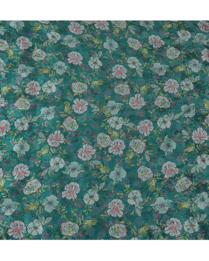 Emerald Green Indian Viscose Modal Satin Fabric, Floral Print, 110 cm Width-D20938