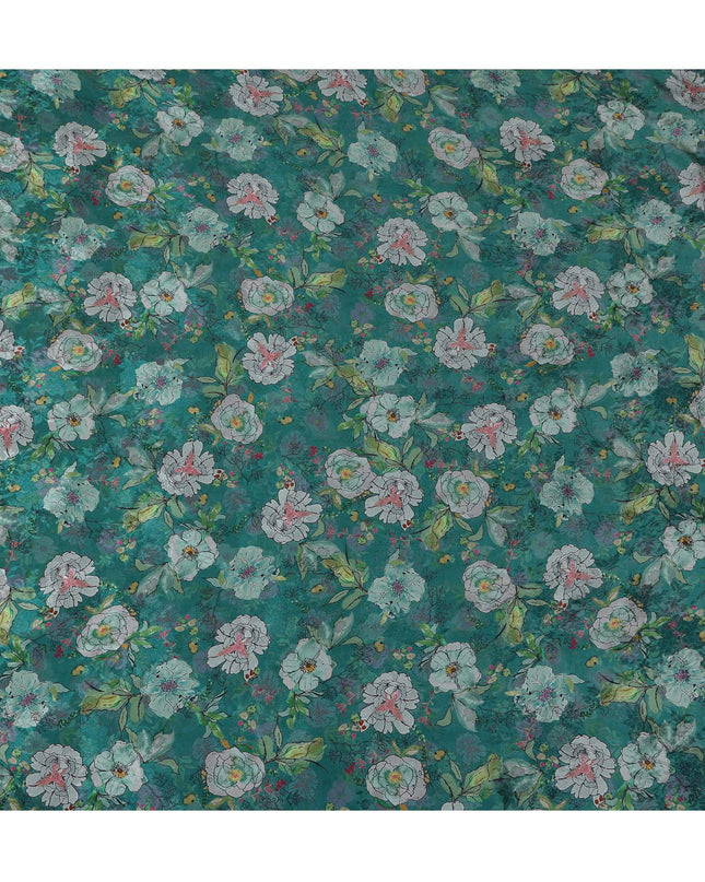 Emerald Green Indian Viscose Modal Satin Fabric, Floral Print, 110 cm Width-D20938