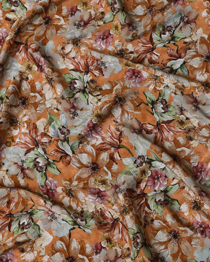 Burnt Orange Indian Viscose Modal Satin Fabric, Large Floral Print, 110 cm Width-D20939