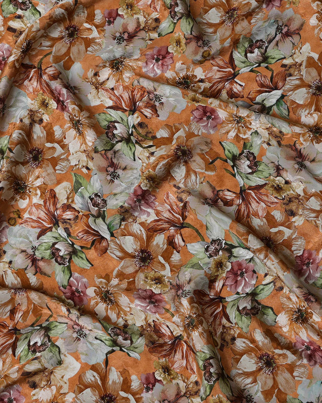 Burnt Orange Indian Viscose Modal Satin Fabric, Large Floral Print, 110 cm Width-D20939