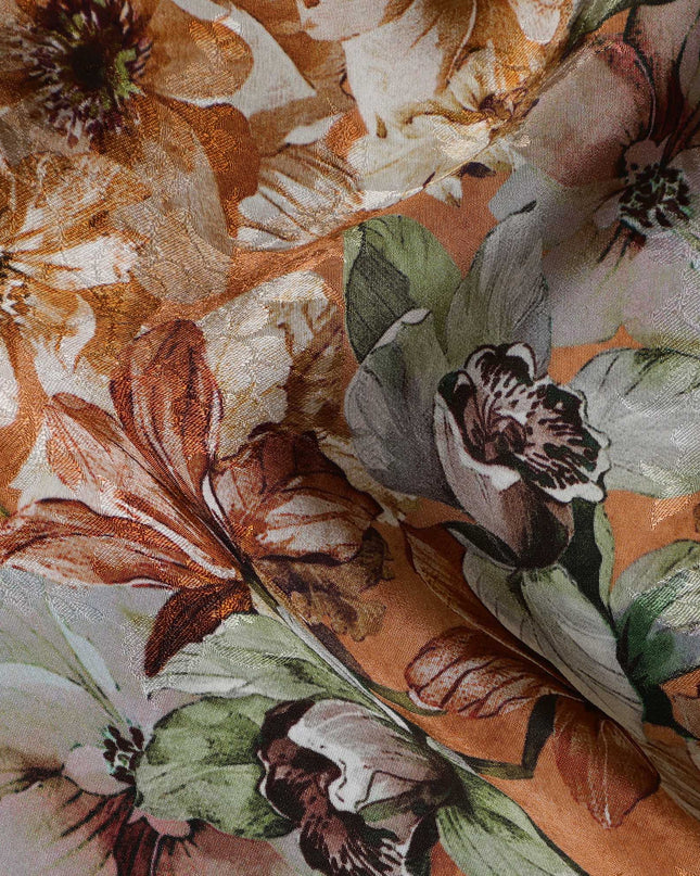 Burnt Orange Indian Viscose Modal Satin Fabric, Large Floral Print, 110 cm Width-D20939