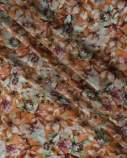 Burnt Orange Indian Viscose Modal Satin Fabric, Large Floral Print, 110 cm Width-D20939