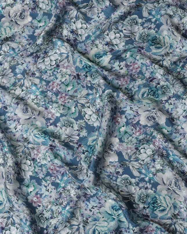 Steel Blue Indian Viscose Modal Satin Fabric, Pastel Floral Print, 110 cm Width-D20940