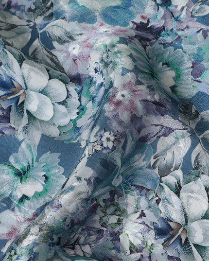 Steel Blue Indian Viscose Modal Satin Fabric, Pastel Floral Print, 110 cm Width-D20940