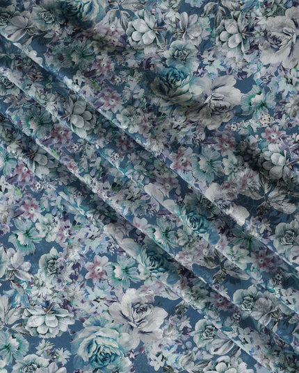 Steel Blue Indian Viscose Modal Satin Fabric, Pastel Floral Print, 110 cm Width-D20940