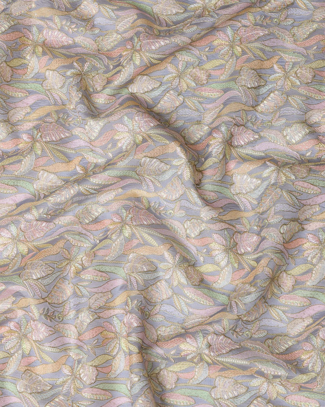 Pastel Grey Indian Tussar Silk Fabric with Embroidery, Floral Design, 110 cm Width-D20941 Regal Fabrics
