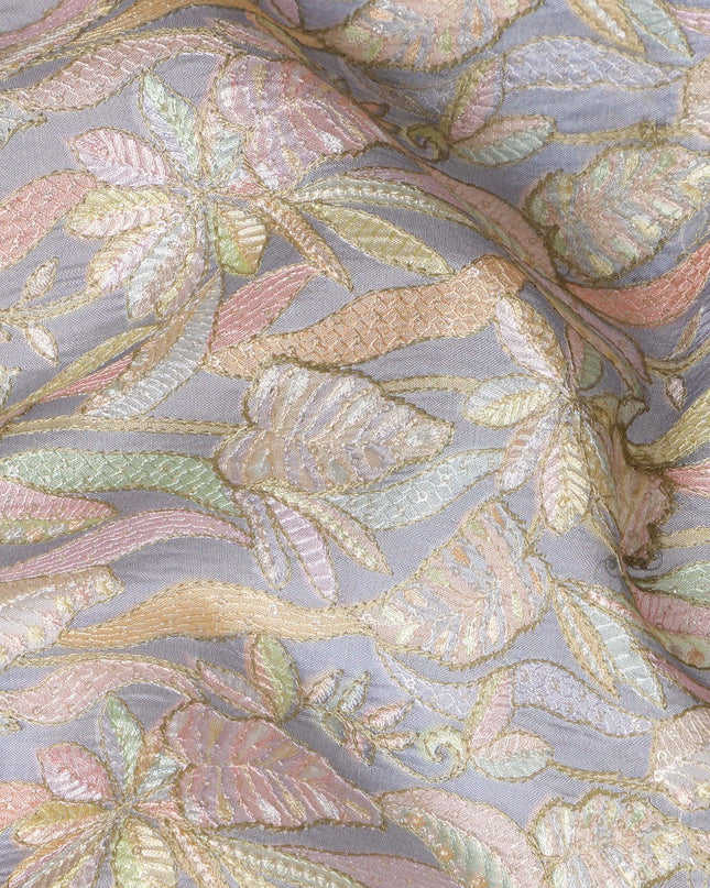 Pastel Grey Indian Tussar Silk Fabric with Embroidery, Floral Design, 110 cm Width-D20941 Regal Fabrics