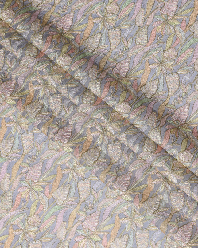 Pastel Grey Indian Tussar Silk Fabric with Embroidery, Floral Design, 110 cm Width-D20941 Regal Fabrics