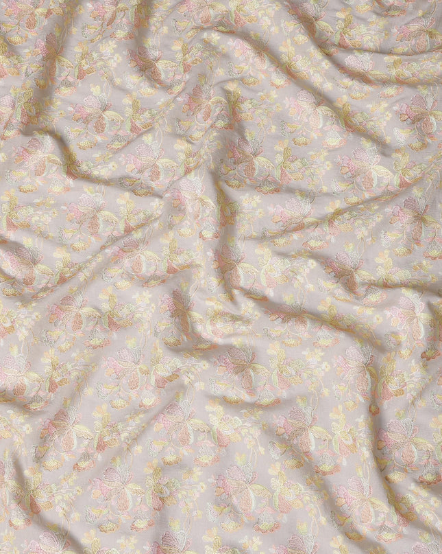 Soft Grey Indian Tussar Silk Fabric with Pastel Embroidery, 110 cm Width-D20942