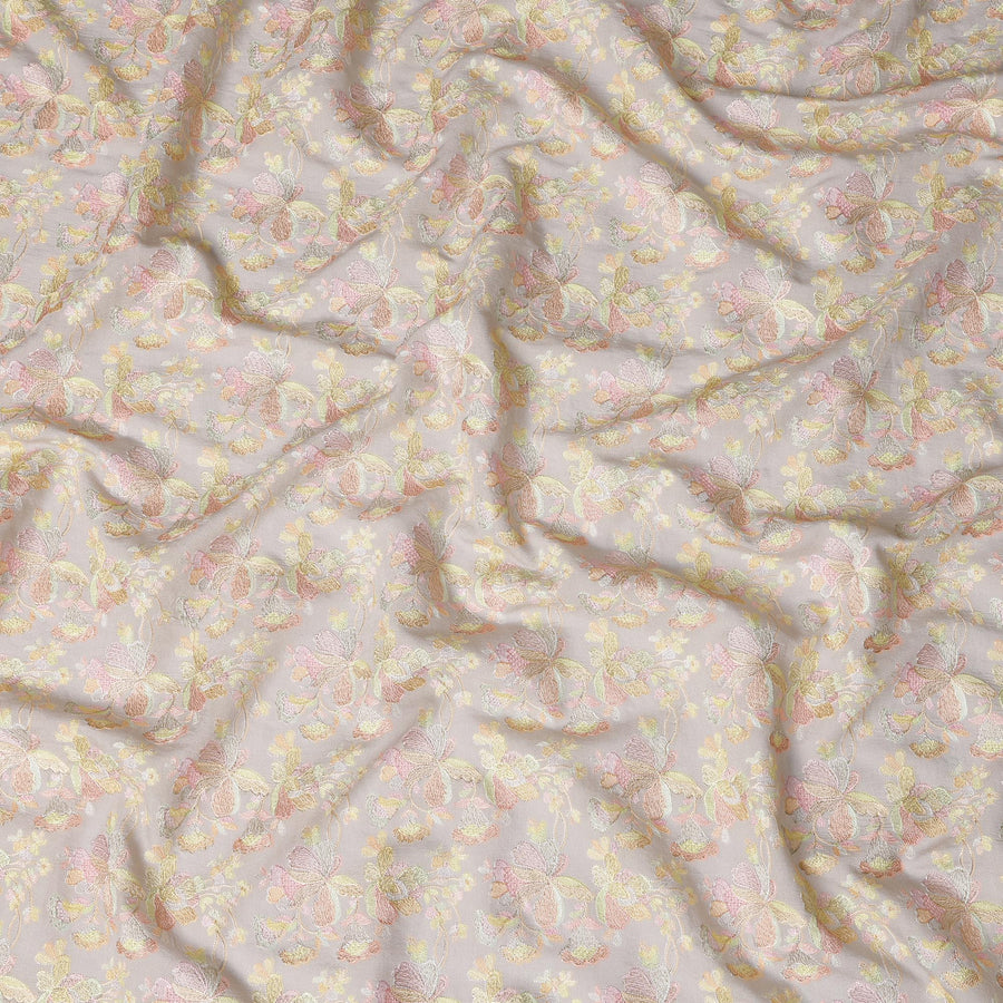 قماش توسار هندي ناعم باللون الرمادي مع تطريز باستيل، عرض 110 سم - D20942