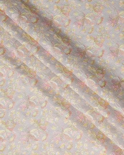 Soft Grey Indian Tussar Silk Fabric with Pastel Embroidery, 110 cm Width-D20942