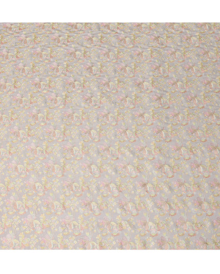 Soft Grey Indian Tussar Silk Fabric with Pastel Embroidery, 110 cm Width-D20942