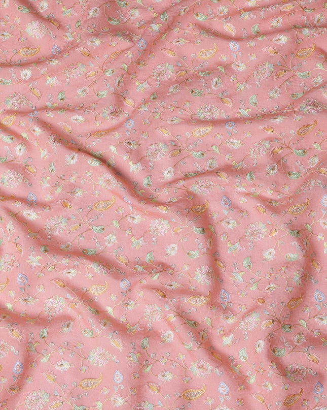 Blush Peach Indian Tussar Silk Fabric with Embroidery, Paisley & Floral Design, 110 cm Width-D20943