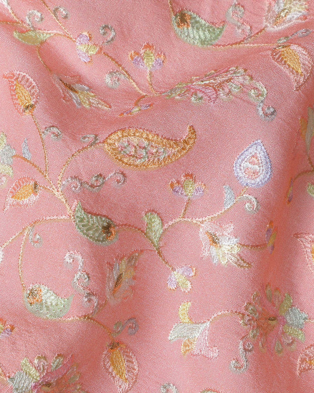 Blush Peach Indian Tussar Silk Fabric with Embroidery, Paisley & Floral Design, 110 cm Width-D20943