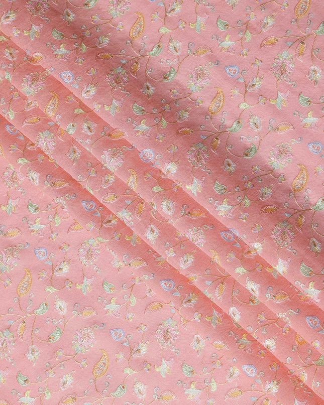 Blush Peach Indian Tussar Silk Fabric with Embroidery, Paisley & Floral Design, 110 cm Width-D20943