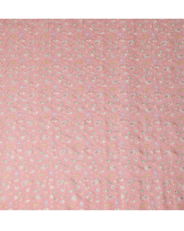 Blush Peach Indian Tussar Silk Fabric with Embroidery, Paisley & Floral Design, 110 cm Width-D20943