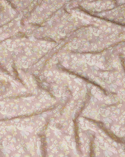 Champagne Pink Indian Tussar Silk Fabric with Pastel Embroidery, 110 cm Width-D20944