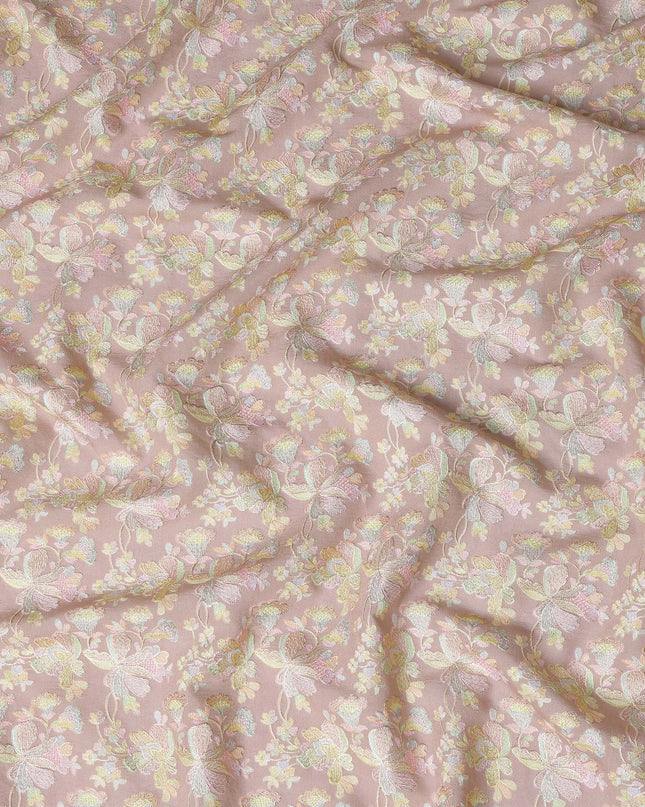 Champagne Pink Indian Tussar Silk Fabric with Pastel Embroidery, 110 cm Width-D20944